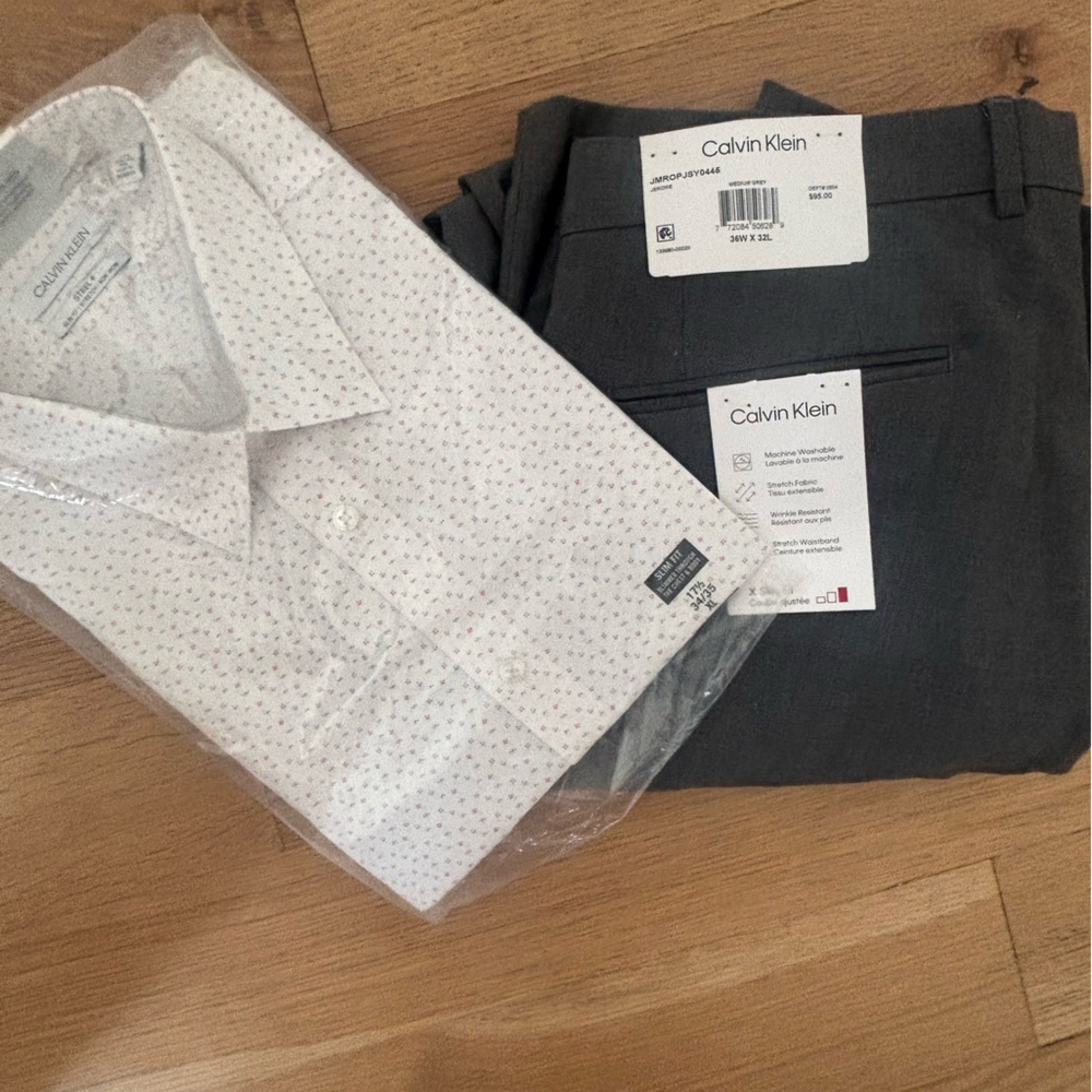 Calvin Klein White Patterned Shirt and Gray Trousers